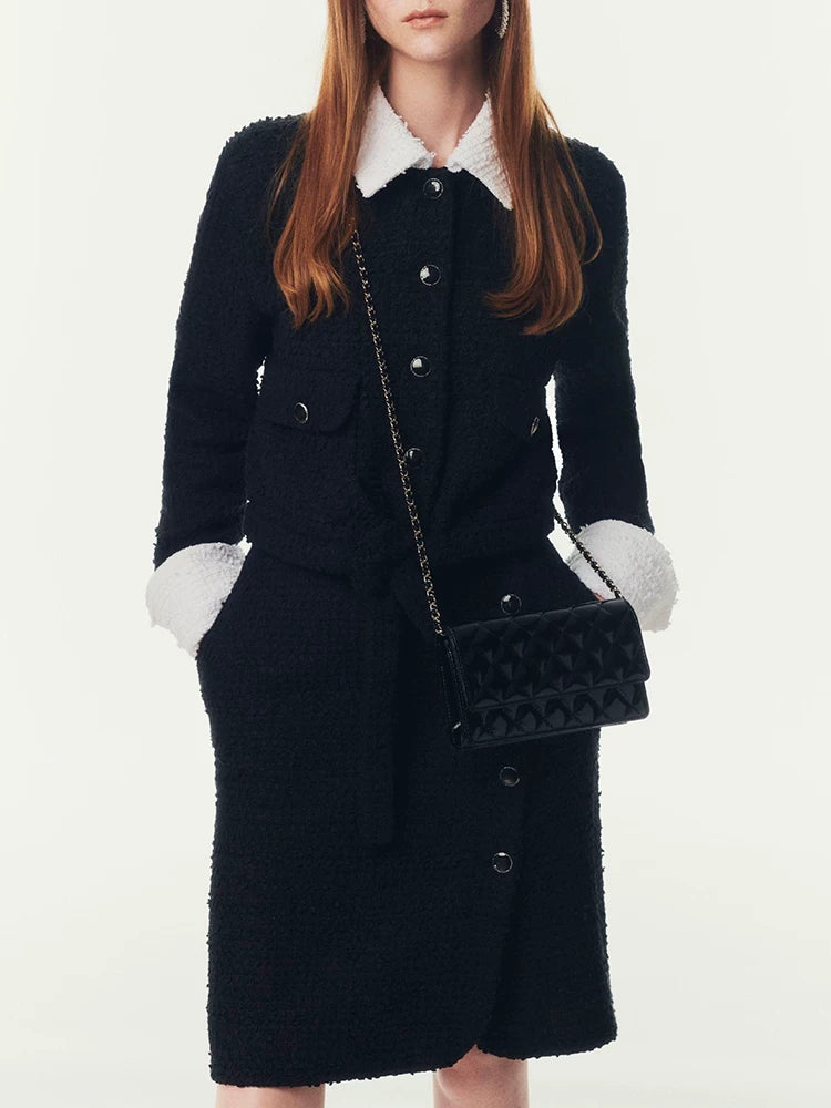 Fake two small fragrant coats female chic socialite new black and white contrasting color long-sleeved wool early autumn tweed short top