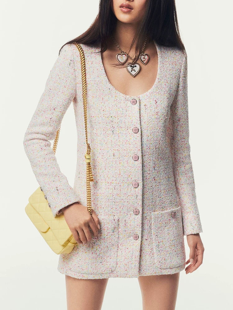 25 spring and summer new coat skirt women's medium and long round neck sequined wool tweed celebrity top women's clothing