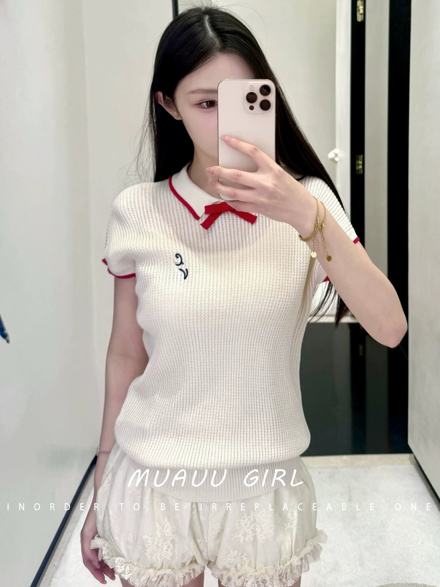 Spring/Summer 26ss June MUAUU GIRL Milk Salt Girl! 26SS College Wind Bow Letter Embroidered Knitted Sweater T-Shirt Top Women
