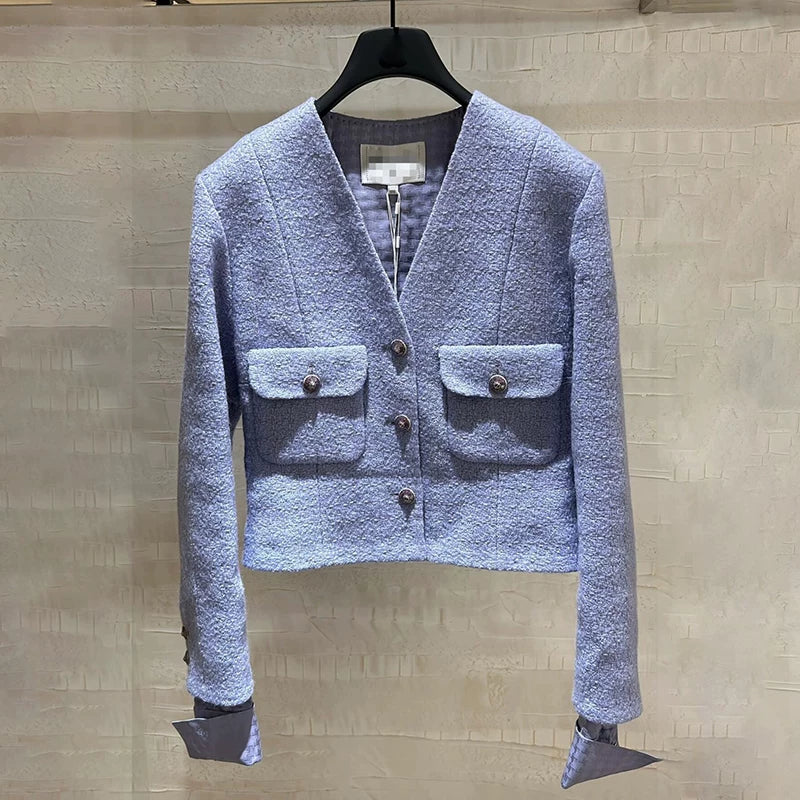 High-end violet suit, coat skirt, wool tweed star Zhou Xun has the same two-piece set.