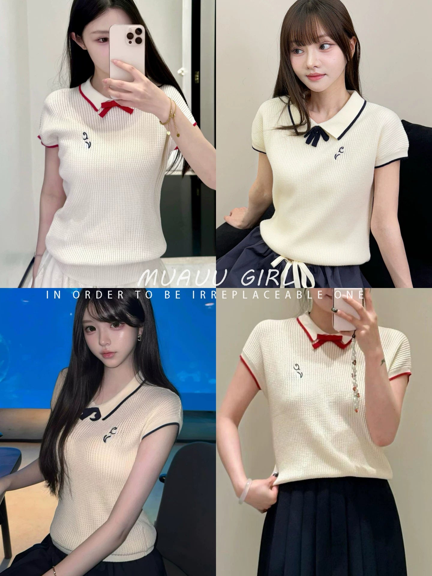 Spring/Summer 26ss June MUAUU GIRL Milk Salt Girl! 26SS College Wind Bow Letter Embroidered Knitted Sweater T-Shirt Top Women