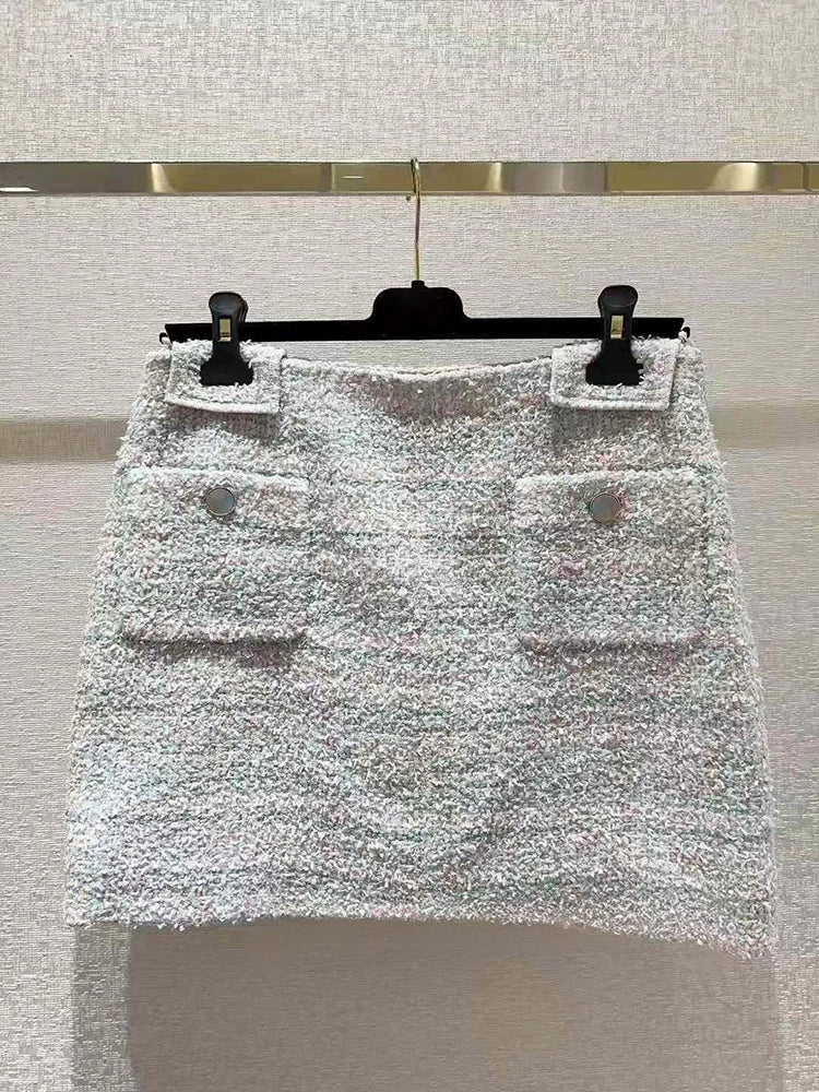 Set 2025 new light luxury high-end short skirt temperament thin early autumn tweed top two-piece set