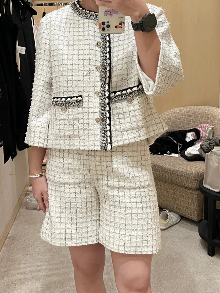 Early spring new shorts women's tweed plaid wide-leg pants temperament versatile and thin high-end women's clothing