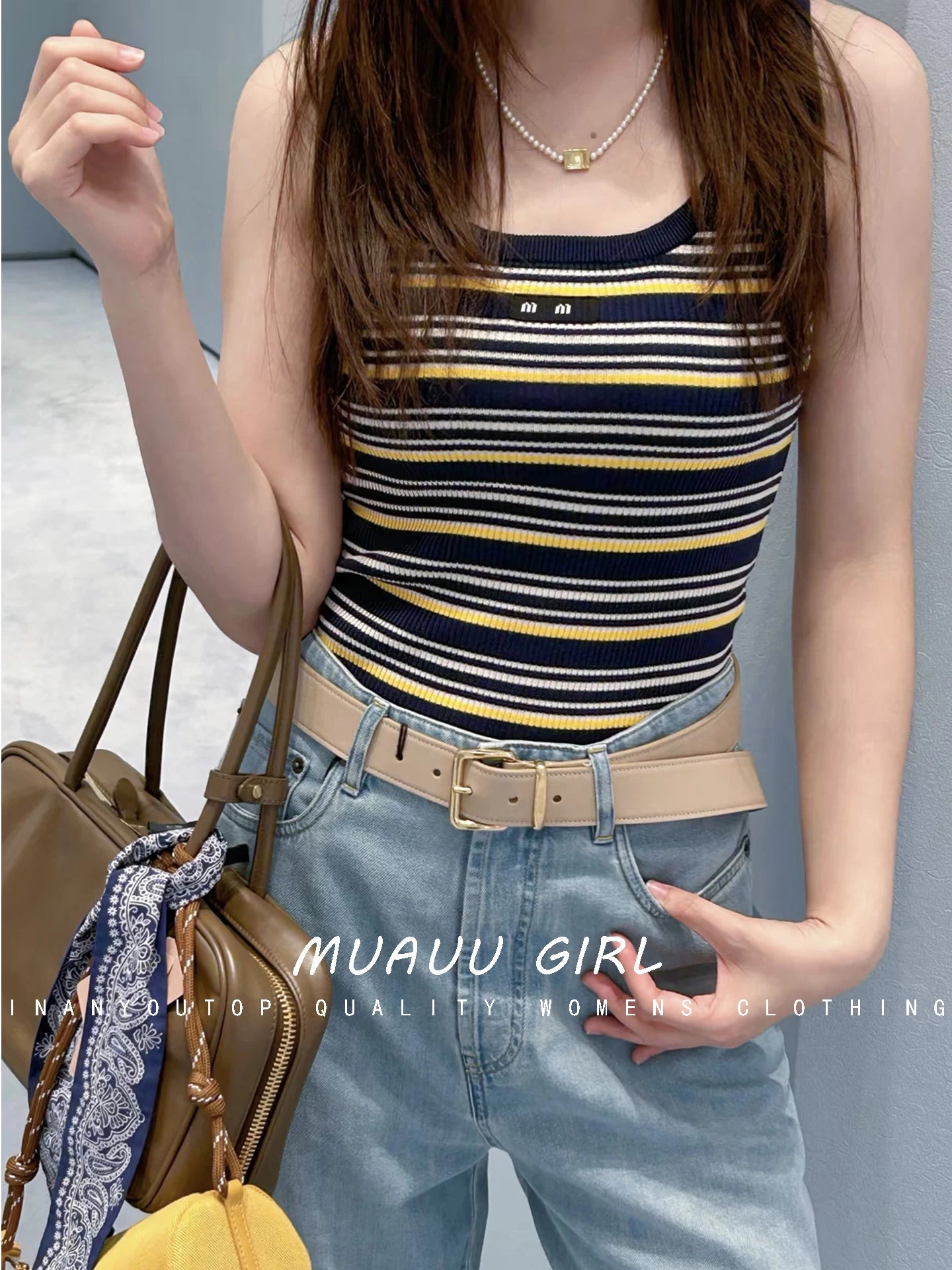 Spring/Summer 26ss June MUAUU GIRL Summer Story! 26SS Alphabet Patch Contrast Color Striped Slim-Fit U-Neck Knitted Vest Top