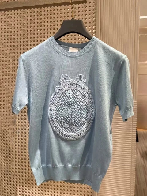 Spring and summer 26ss June, Nanyou haute couture 26 spring and summer new heavy industry three-dimensional embroidery short-sleeved T-shirt round neck versatile and thin top women