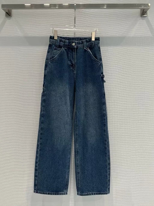Spring and summer 26ss June, Nanyou haute couture 26 early spring new product side letters double pockets natural waist wash straight wide leg jeans women