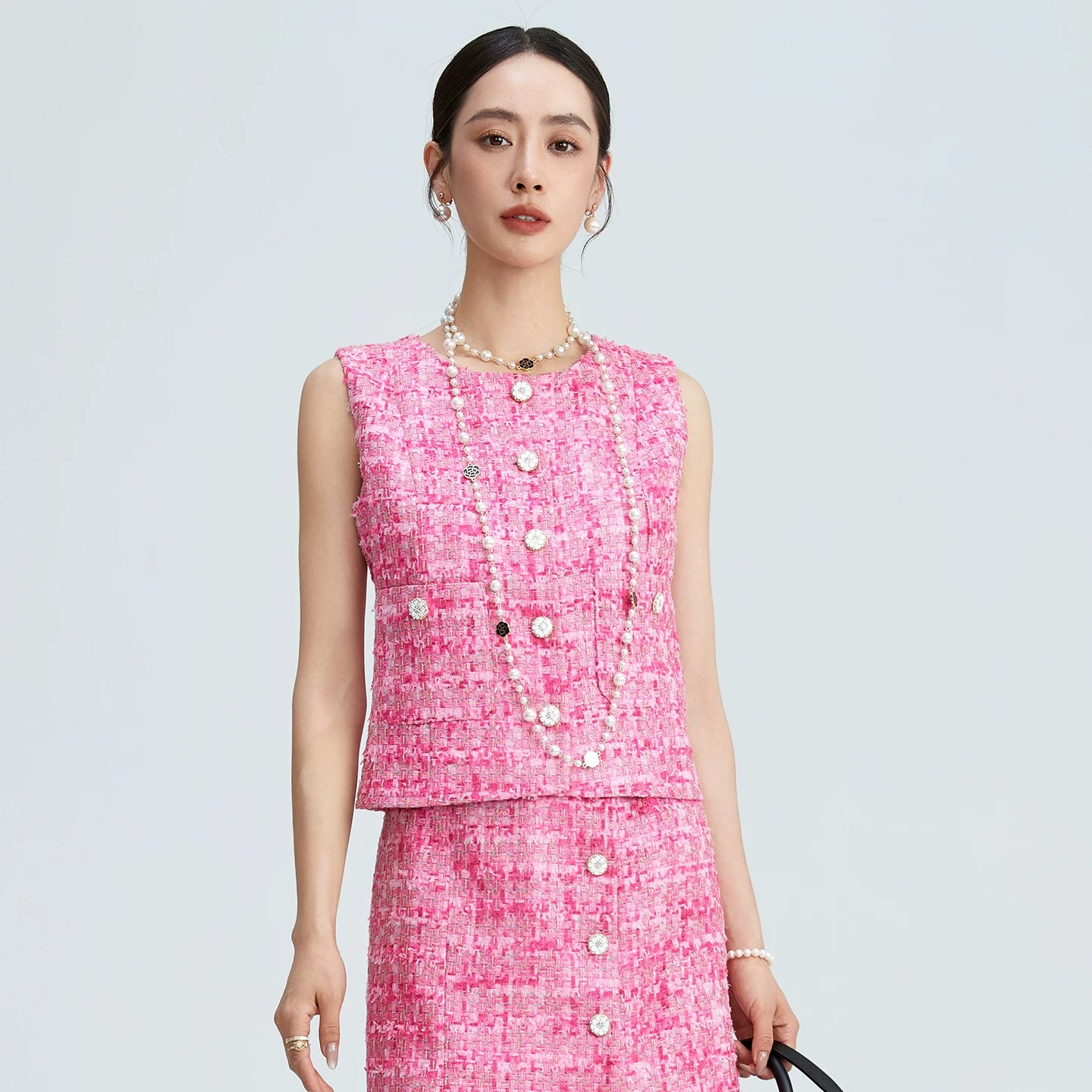 Pink tweed celebrity suit elegant temperament vest vest skirt high-end temperament suit