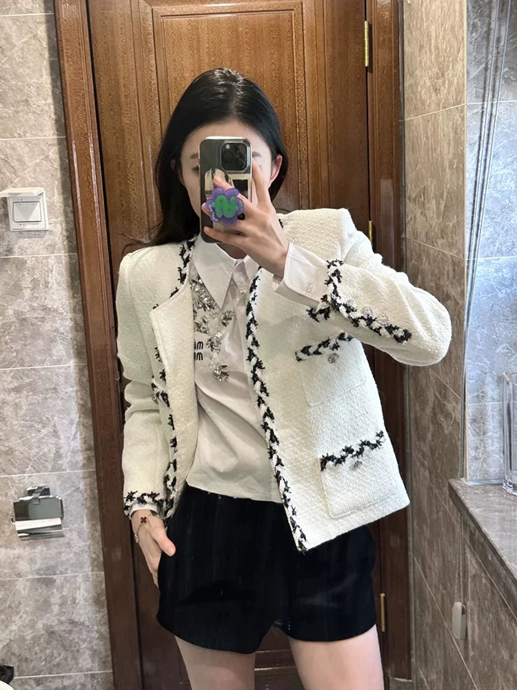 Delicate small trimmed jacket women's short celebrity high-end tweed versatile beige top