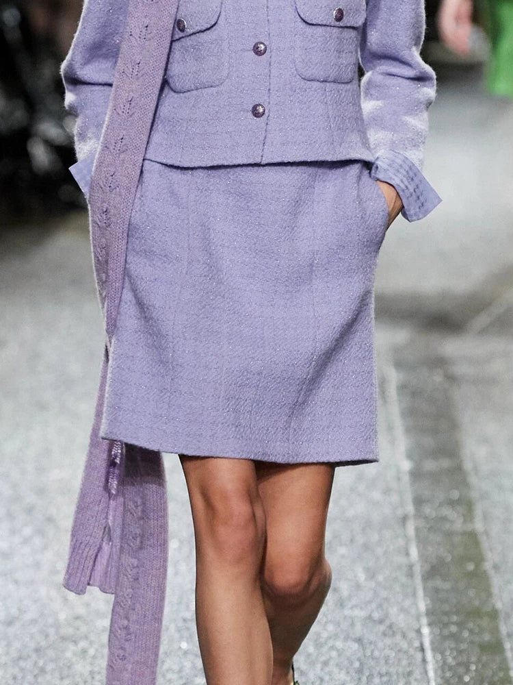 High-end violet suit, coat skirt, wool tweed star Zhou Xun has the same two-piece set.