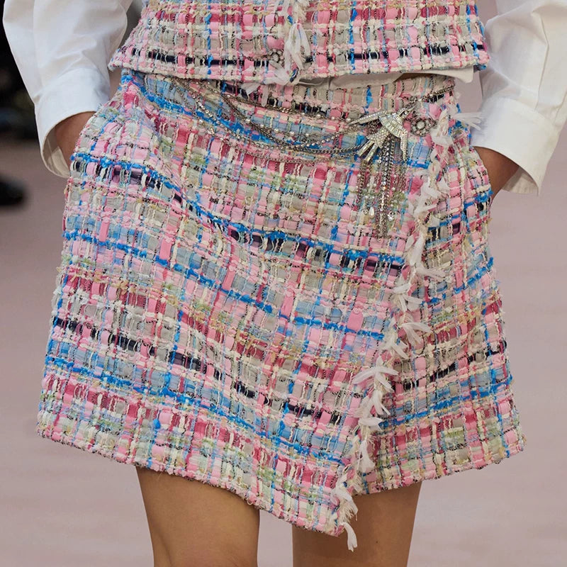 Spring and summer new suit vest vest culottes color woven wool tweed celebrity foreign style two-piece set