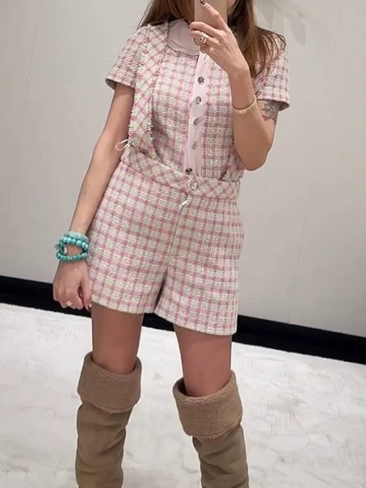 Summer new celebrity suit overalls shorts shirt pink grid wool tweed temperament two-piece women's clothing