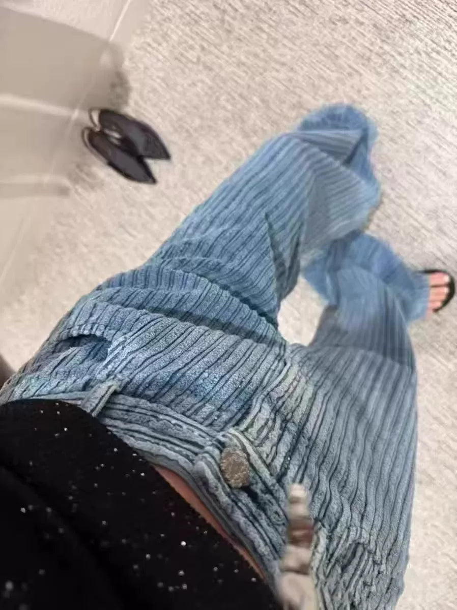 2025 autumn and winter high-end retro blue shiny corduroy wide-leg pants long pants high waist legs long floor pants women