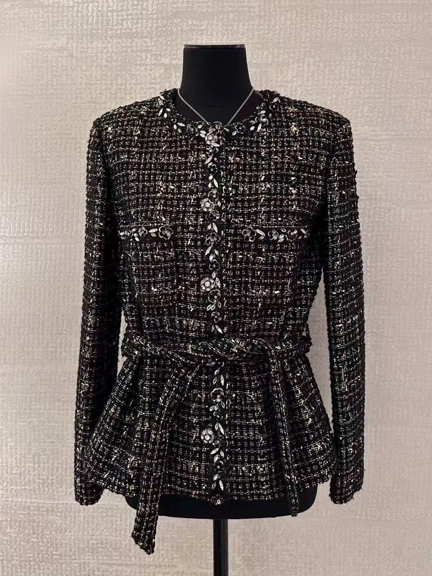 Black gold coat autumn and winter high-end temperament celebrity heavy industry ordered diamonds light luxury tweed big swing skirt women