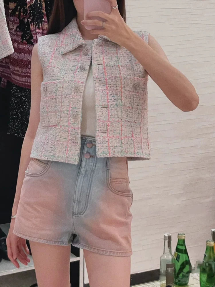 2024 early spring vest women's lapel vest colored plaid tweed celebrity temperament slim top