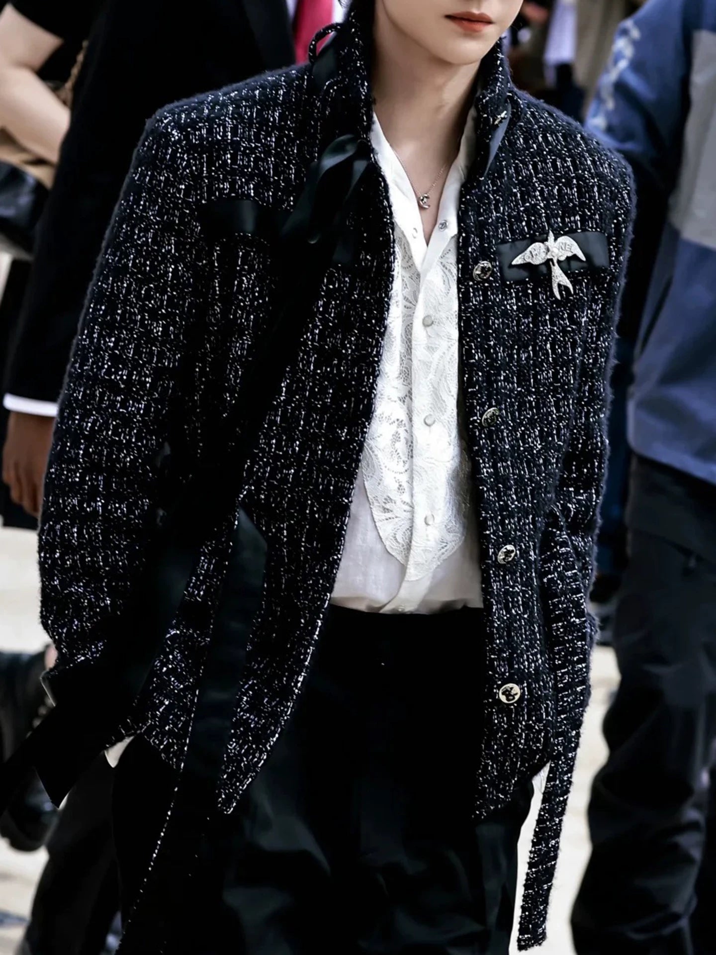 Black tweed stand-up collar jacket women's medium and long ribbon collar waist lady coat new for autumn and winter