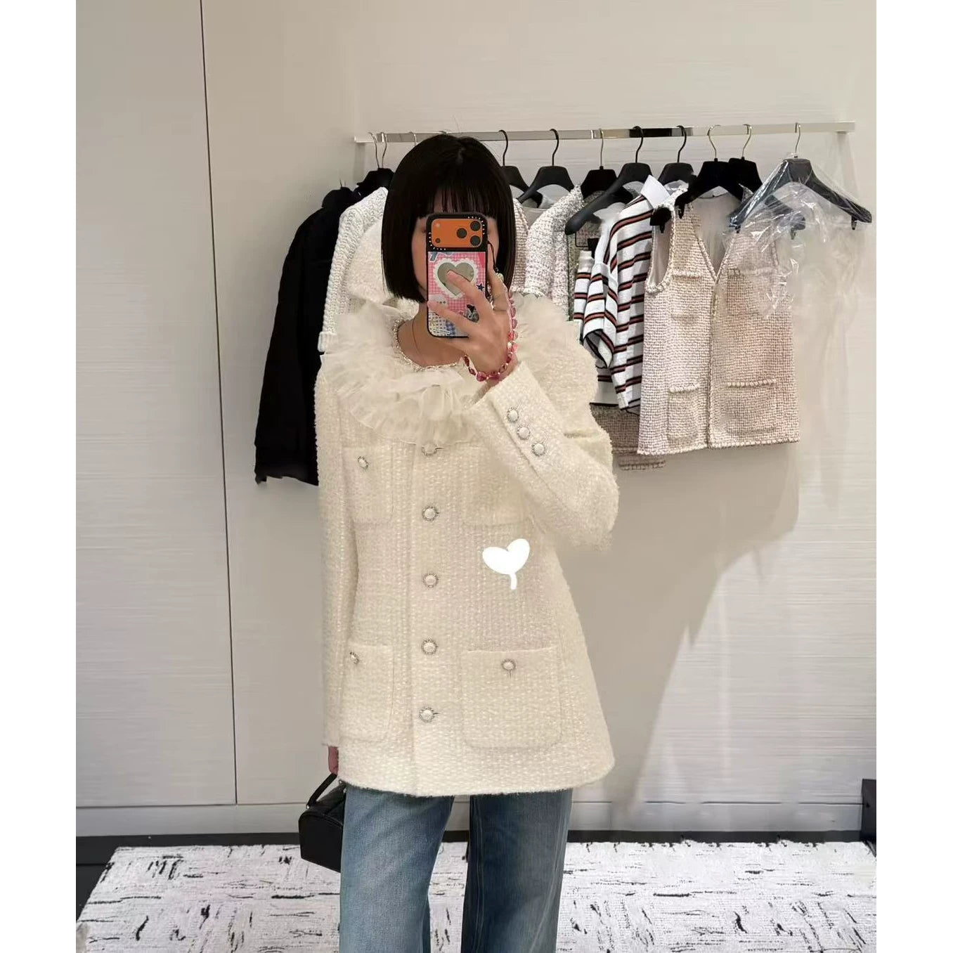 2025 autumn and winter senior heavy industry daughter celebrity style flower lotus leaf edge white woven tweed coat cardigan woman