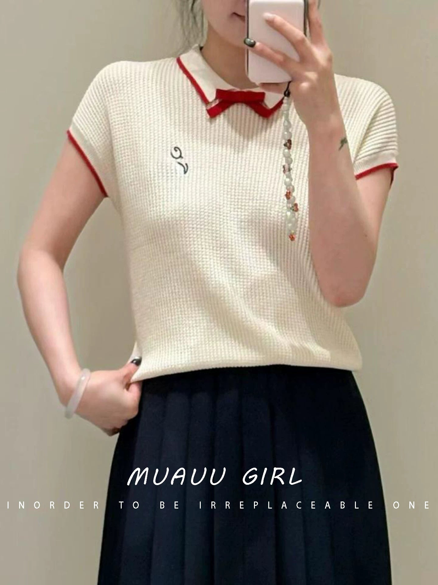 Spring/Summer 26ss June MUAUU GIRL Milk Salt Girl! 26SS College Wind Bow Letter Embroidered Knitted Sweater T-Shirt Top Women