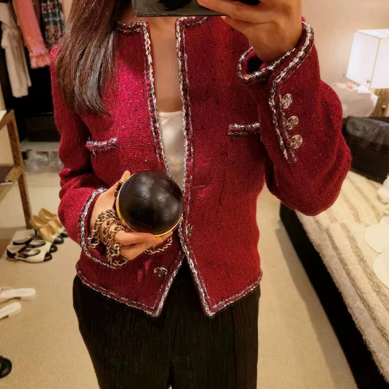 Burgundy plaid short coat women's spring and autumn Christmas and New Year coarse flower padded wool woven top