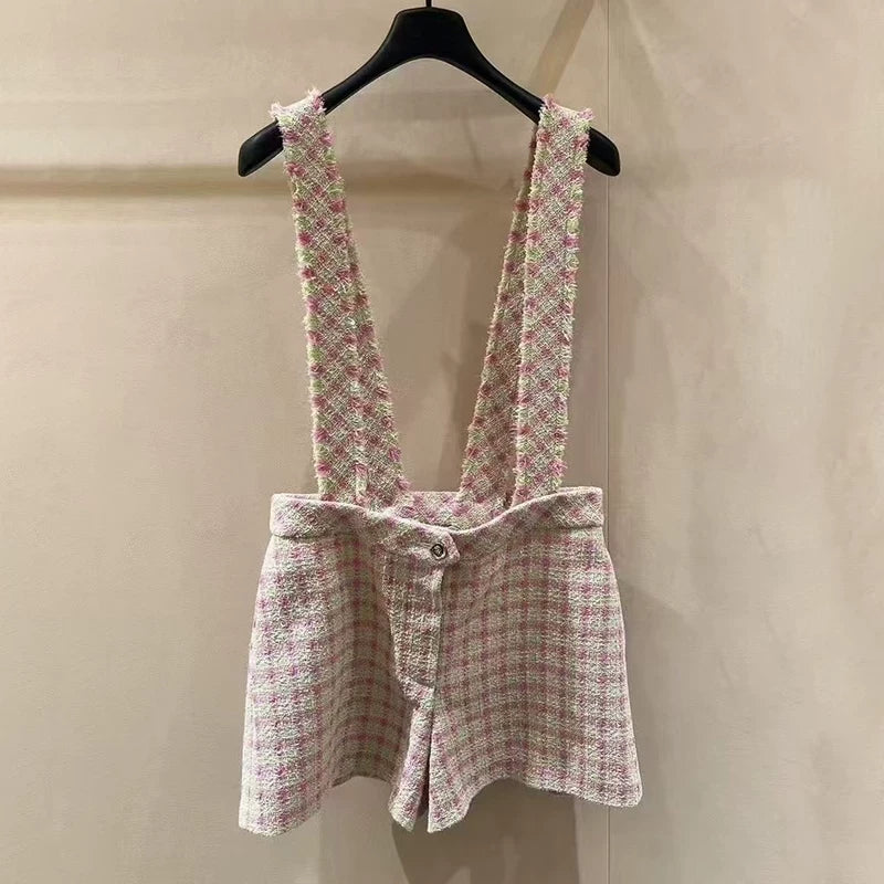Summer new celebrity suit overalls shorts shirt pink grid wool tweed temperament two-piece women's clothing