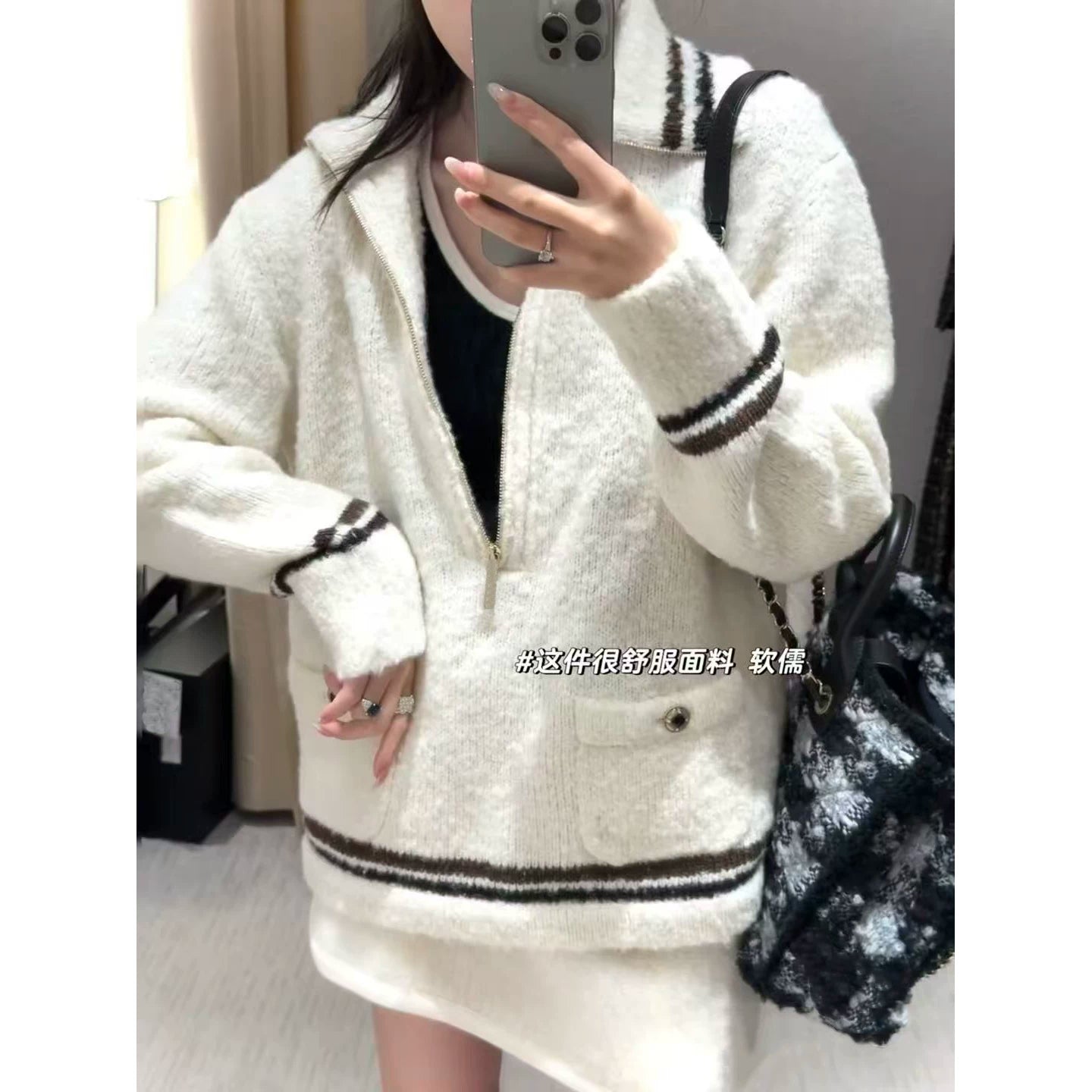 2025 autumn and winter foreign style ski bow v-neck half zipper knitted long-sleeved cardigan + high waist skirt women's suit