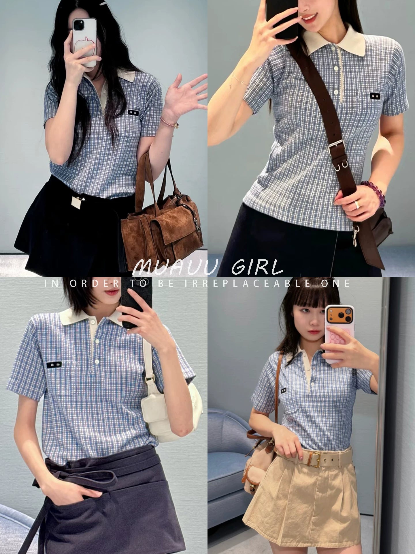 Spring/Summer 26ss June MUAUU GIRL Sweet Summer! 26SS College Style Letter Logo Polo Short Sleeve Knitwear T-Shirt Top