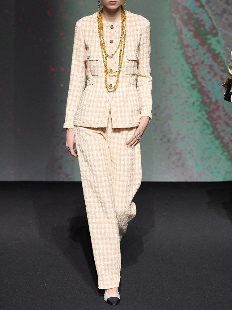 New plaid jacket straight-leg pants celebrity style high-end wool tweed suit two-piece set
