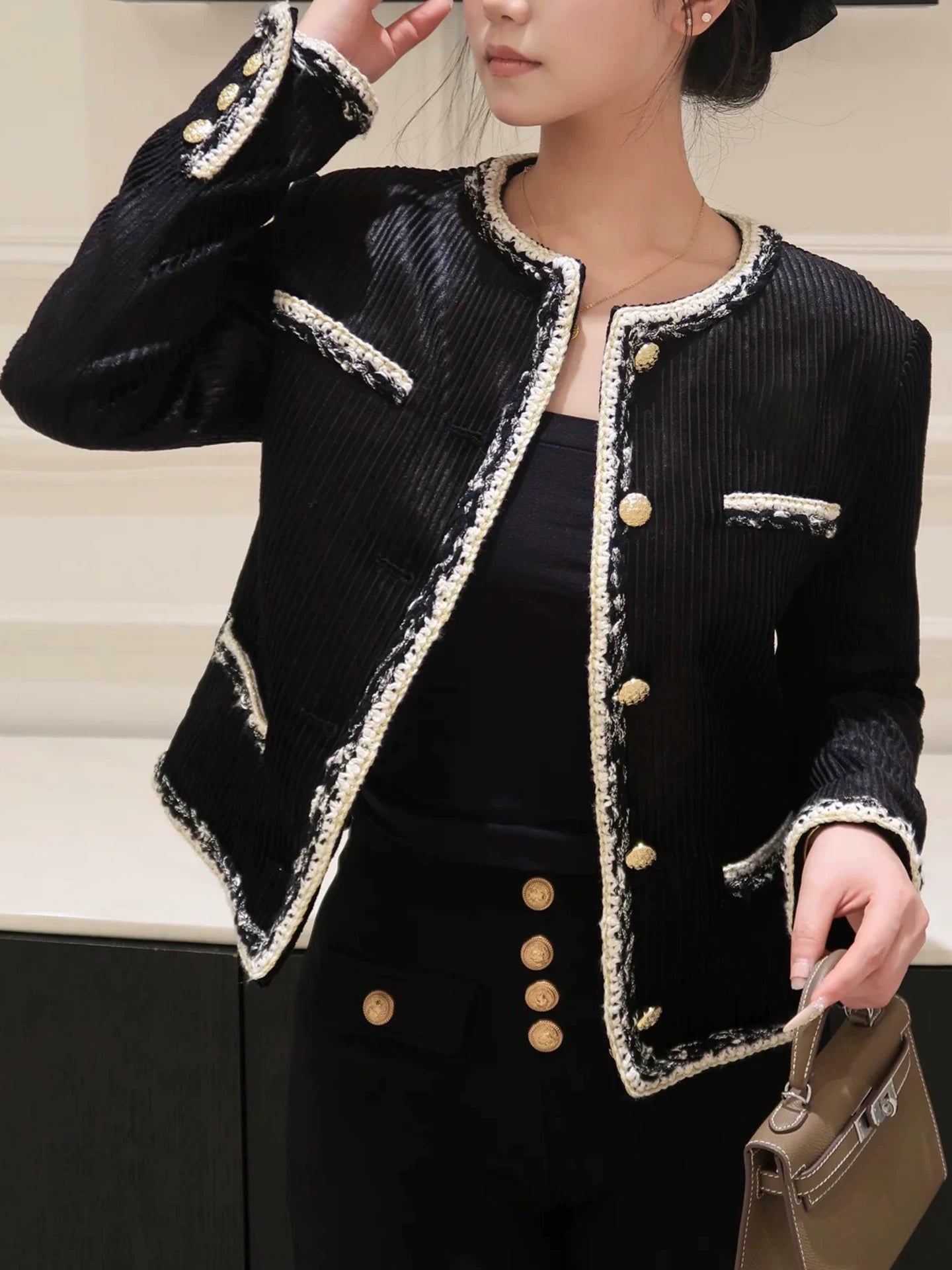 Celebrity temperament high-end suit jacket women's jacket short wide-leg pants corduroy two-piece set