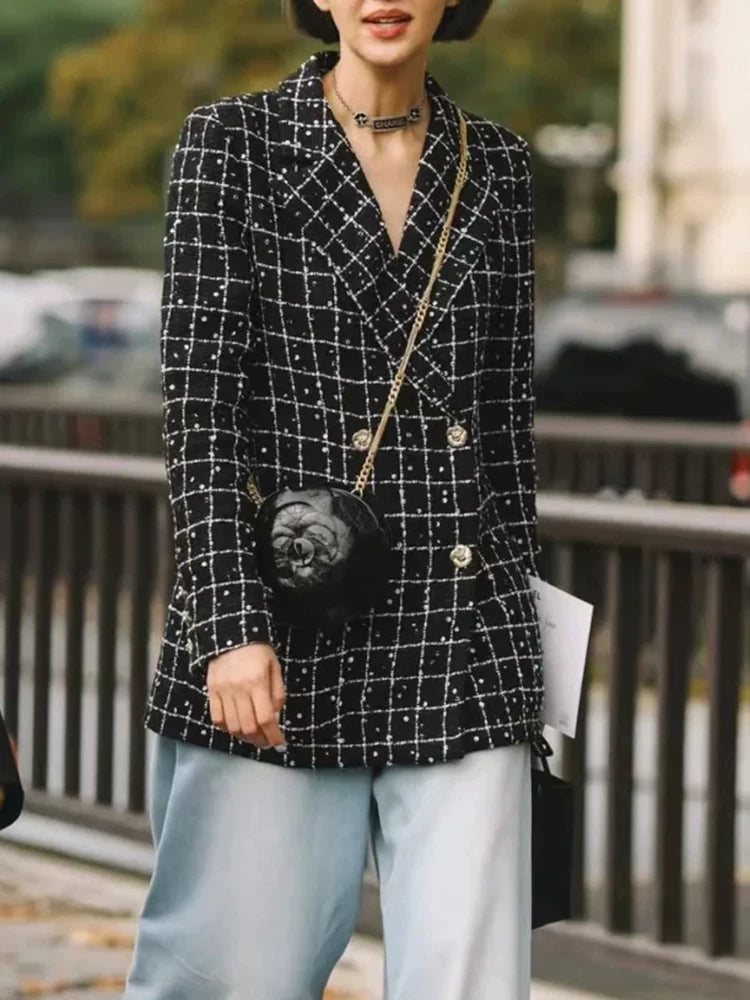 Superior suit jacket casual wide-leg pants women's medium pants five-point pants wool tweed sequin suit