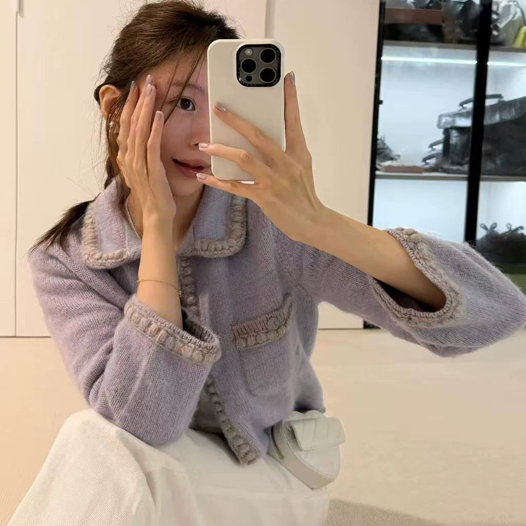 2025 autumn and winter contrasting colors doll collar heavy industry handmade crochet bead lapel light purple short knitted cardigan women