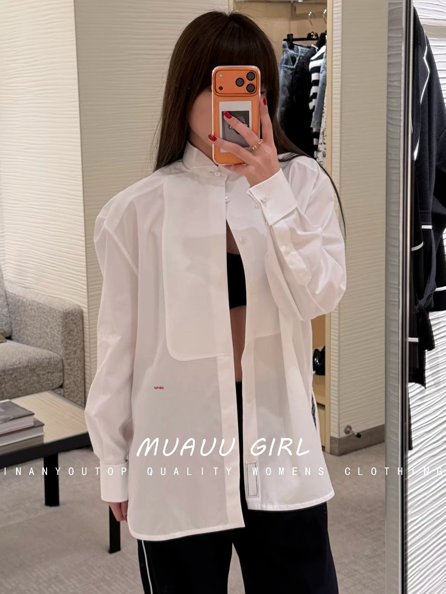 Spring/Summer 26ss June MUAUU GIRL Stylish and Refined! 26SS small stand-collar metal chain detail button decorated long shirt