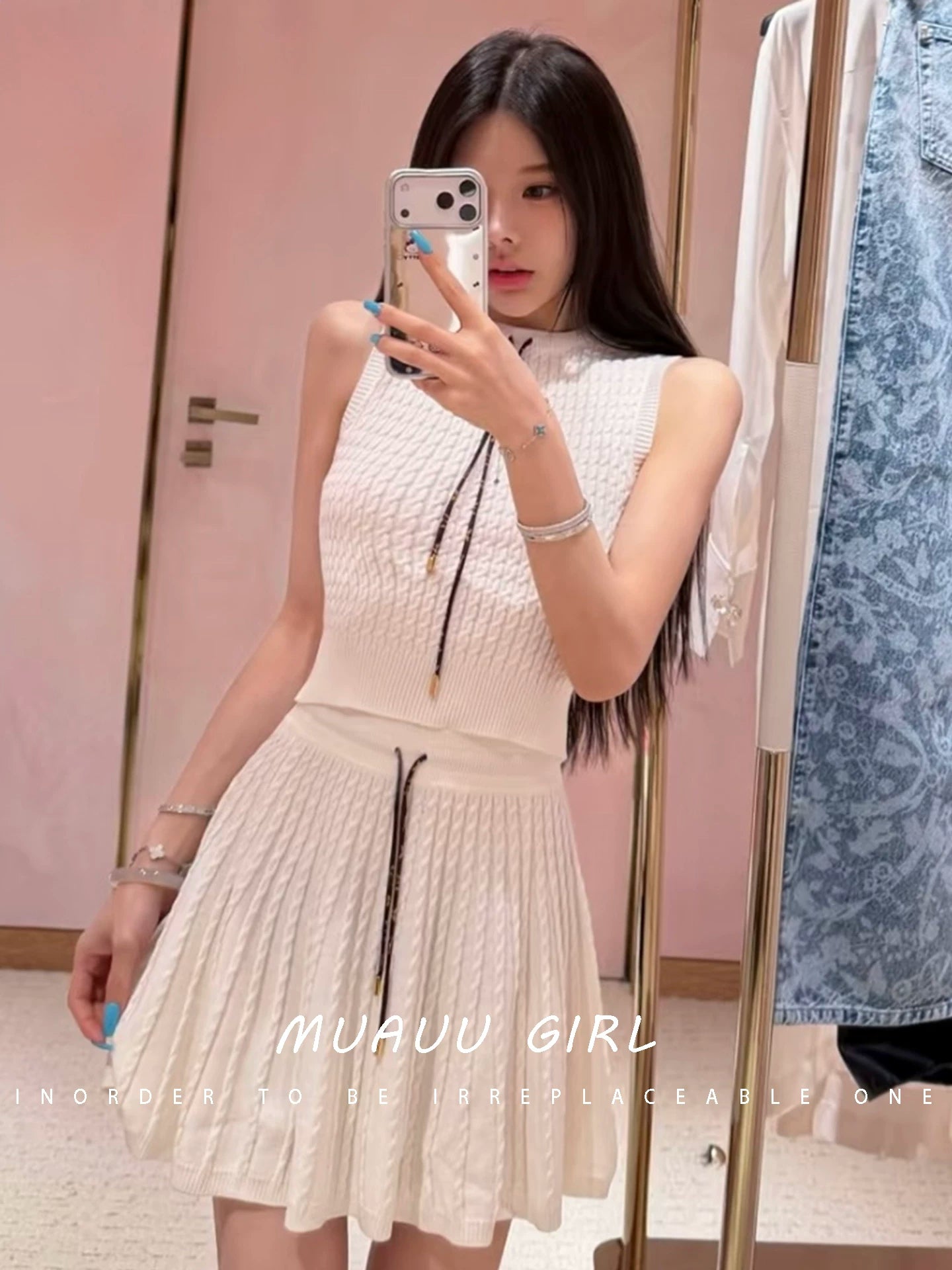 Spring and summer 26ss June MUAUU GIRL summer high sense! 26SS vacation style sleeveless knitted suit women's vest/skirt women