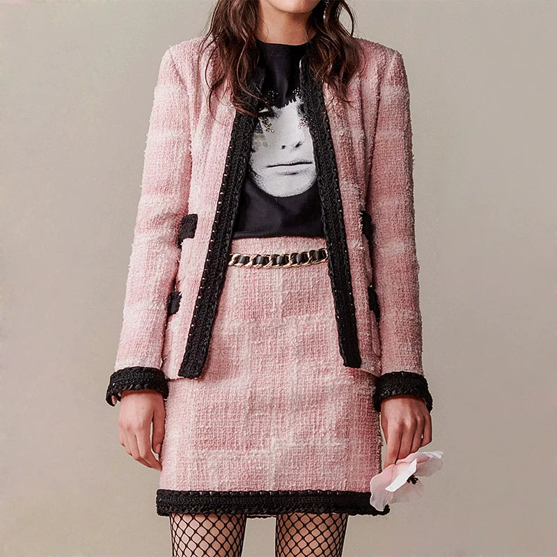 25 short coat and skirt women's new two-piece set vacation series pink tweed splicing spring and autumn set