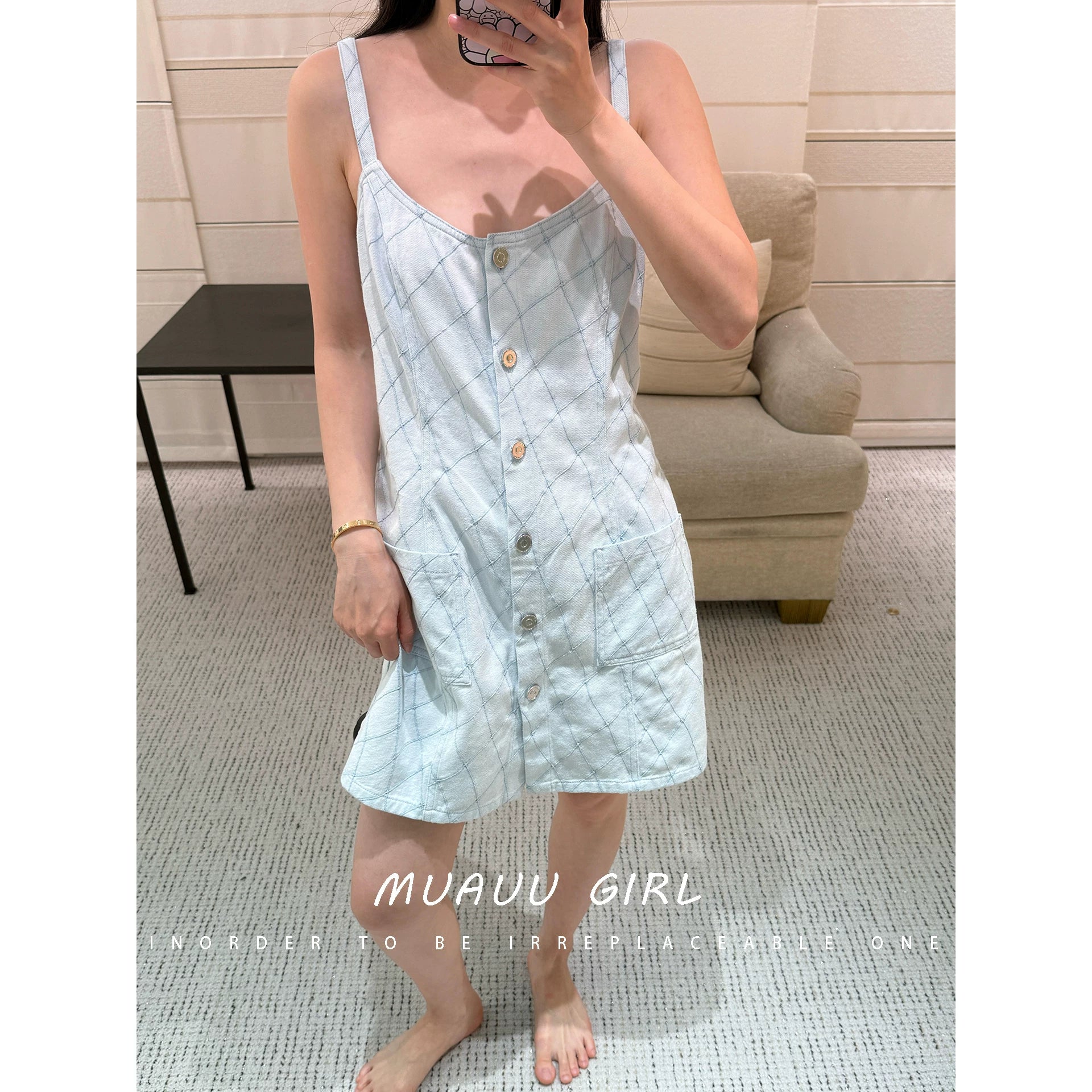 Spring/summer 26ss June MUAUU GIRL vacation collection! 26SS rhombus denim jacket/trousers/shorts/dress