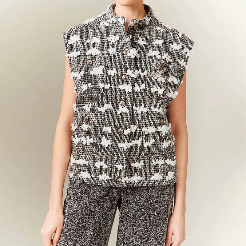 Spring and summer new vest women's high-end wool woven three-dimensional flower tweed stand-up collar sleeveless coat