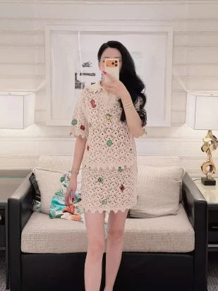 Spring and summer 26ss June, Nanyou haute couture 26M summer new holiday wind ocean embroidery lapel hollow knitted sweater elastic waist A word skirt