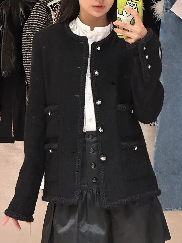 Autumn and winter new coat women's crew neck long sleeve four pockets wool blend classic black tweed top