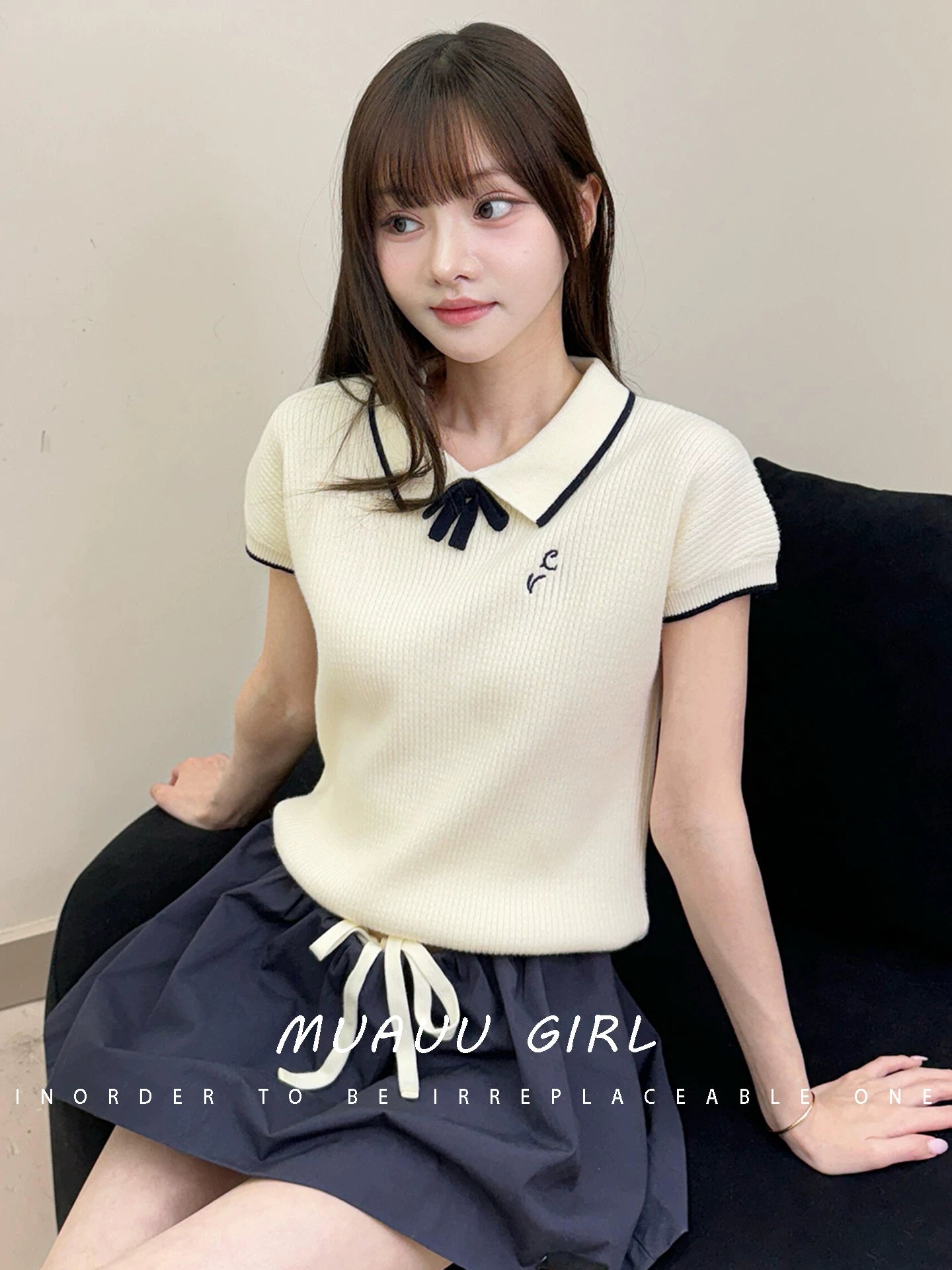 Spring/Summer 26ss June MUAUU GIRL Milk Salt Girl! 26SS College Wind Bow Letter Embroidered Knitted Sweater T-Shirt Top Women