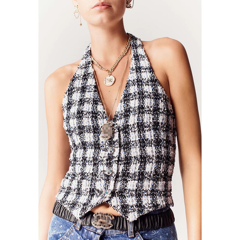 Summer French vest vest for women, neck-hanging plaid backless sexy suspender inside and outside top