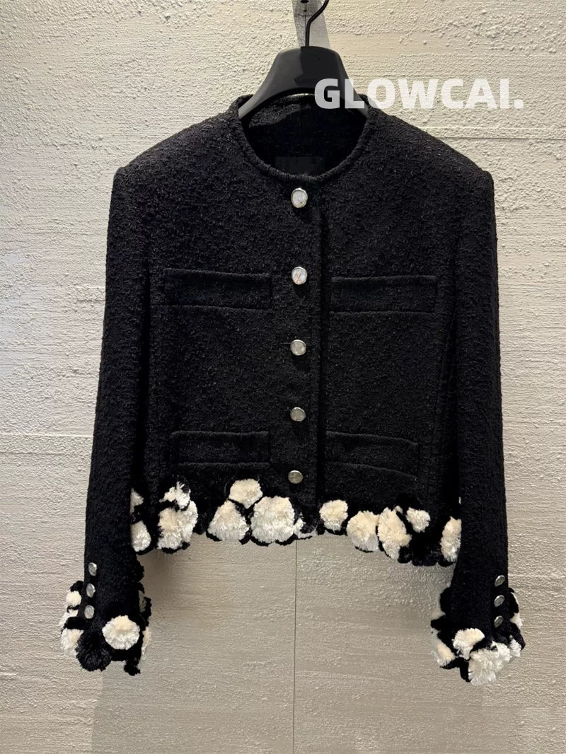 Spring and summer 26ss June 26s fragrant spring and summer new black tweed black and white hairball silver button short black jacket