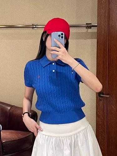 Spring and summer 26ss June, Nanyou haute couture 26 spring and summer new pony embroidered lapel twisted knitted sweater age-reducing style versatile short-sleeved top women