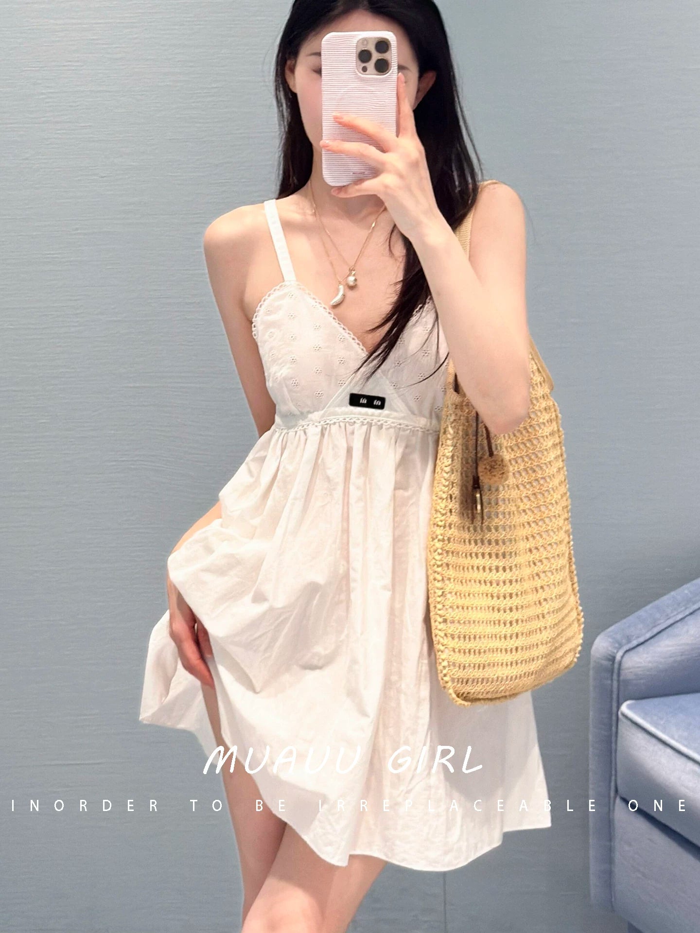 Spring and summer 26ss June MUAUU GIRL film fairy! 26SS girly poplin crochet hollow embroidery suspender dress woman