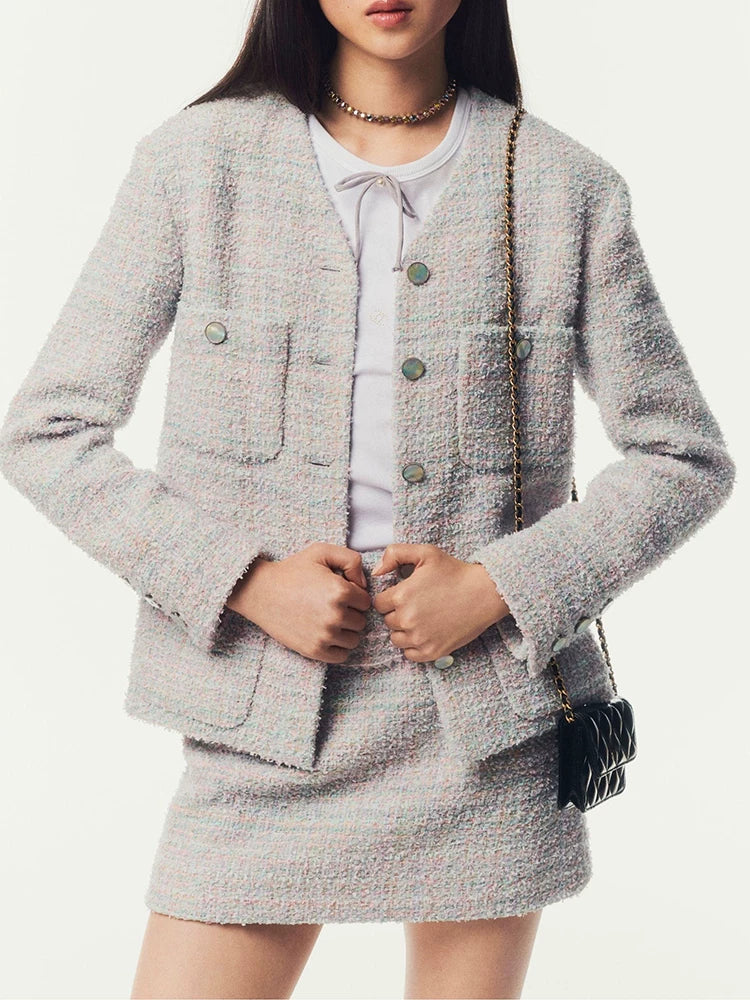 Set 2025 new light luxury high-end short skirt temperament thin early autumn tweed top two-piece set