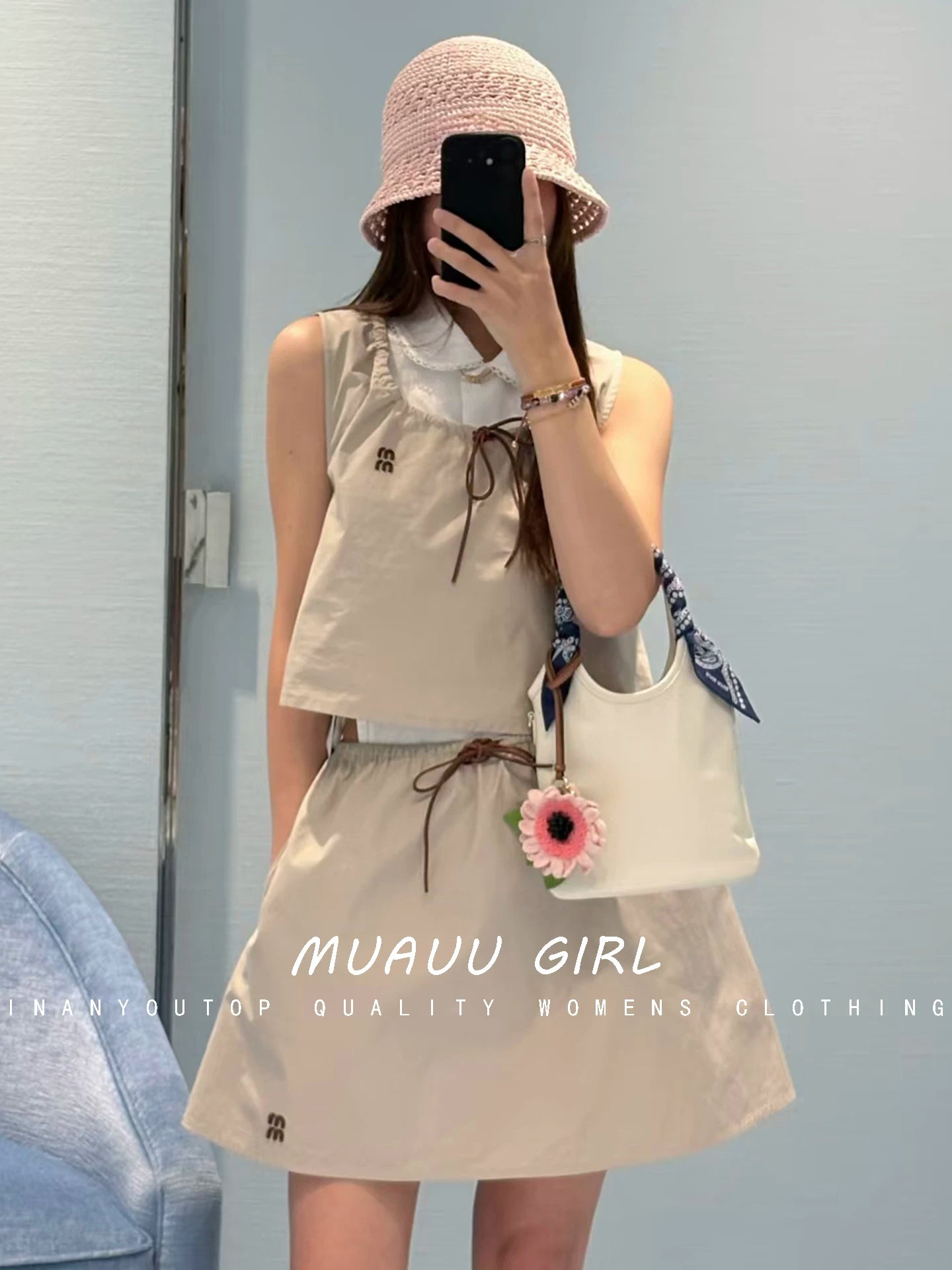 Spring and summer 26ss June MUAUU GIRL pure and lovely! 26S new letter embroidered drawstring lace-up vest + short skirt + dress