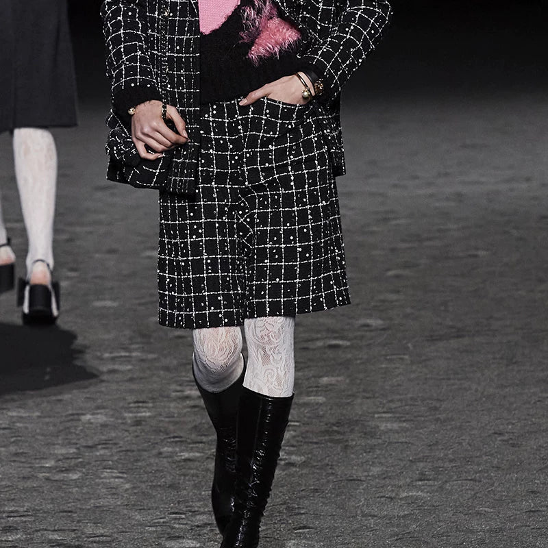 Superior suit jacket casual wide-leg pants women's medium pants five-point pants wool tweed sequin suit