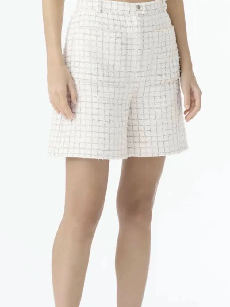 Early spring new shorts women's tweed plaid wide-leg pants temperament versatile and thin high-end women's clothing