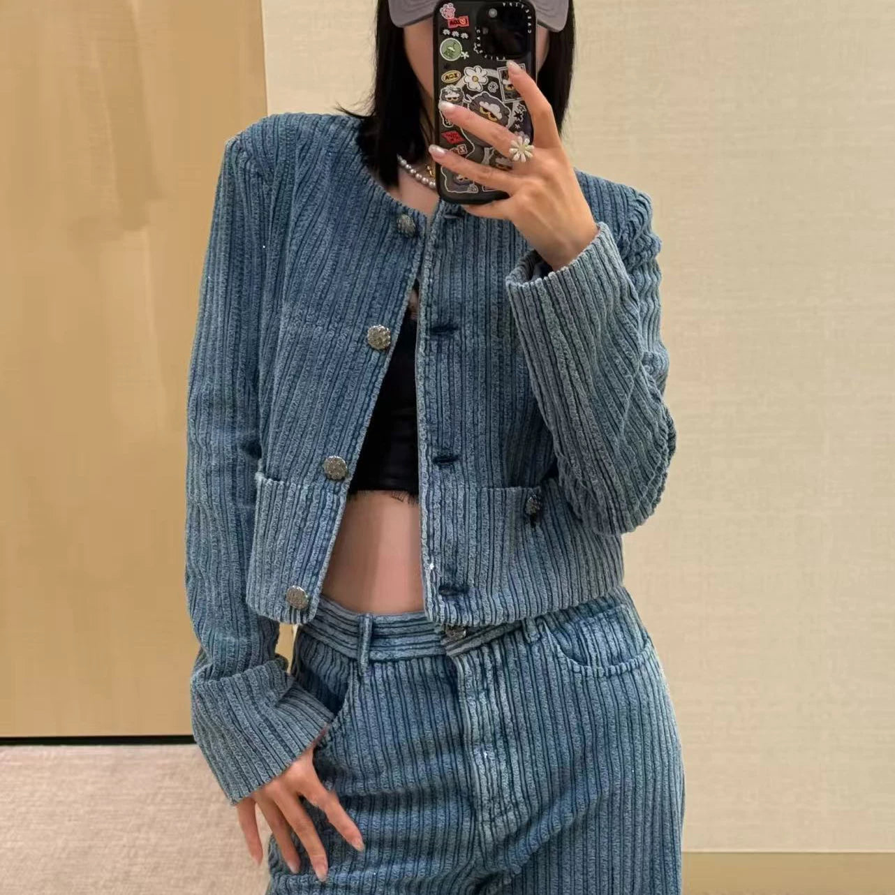 2026 early spring high-end heavy industry retro blue shiny corduroy foreign style fashionable jacket short coat cardigan