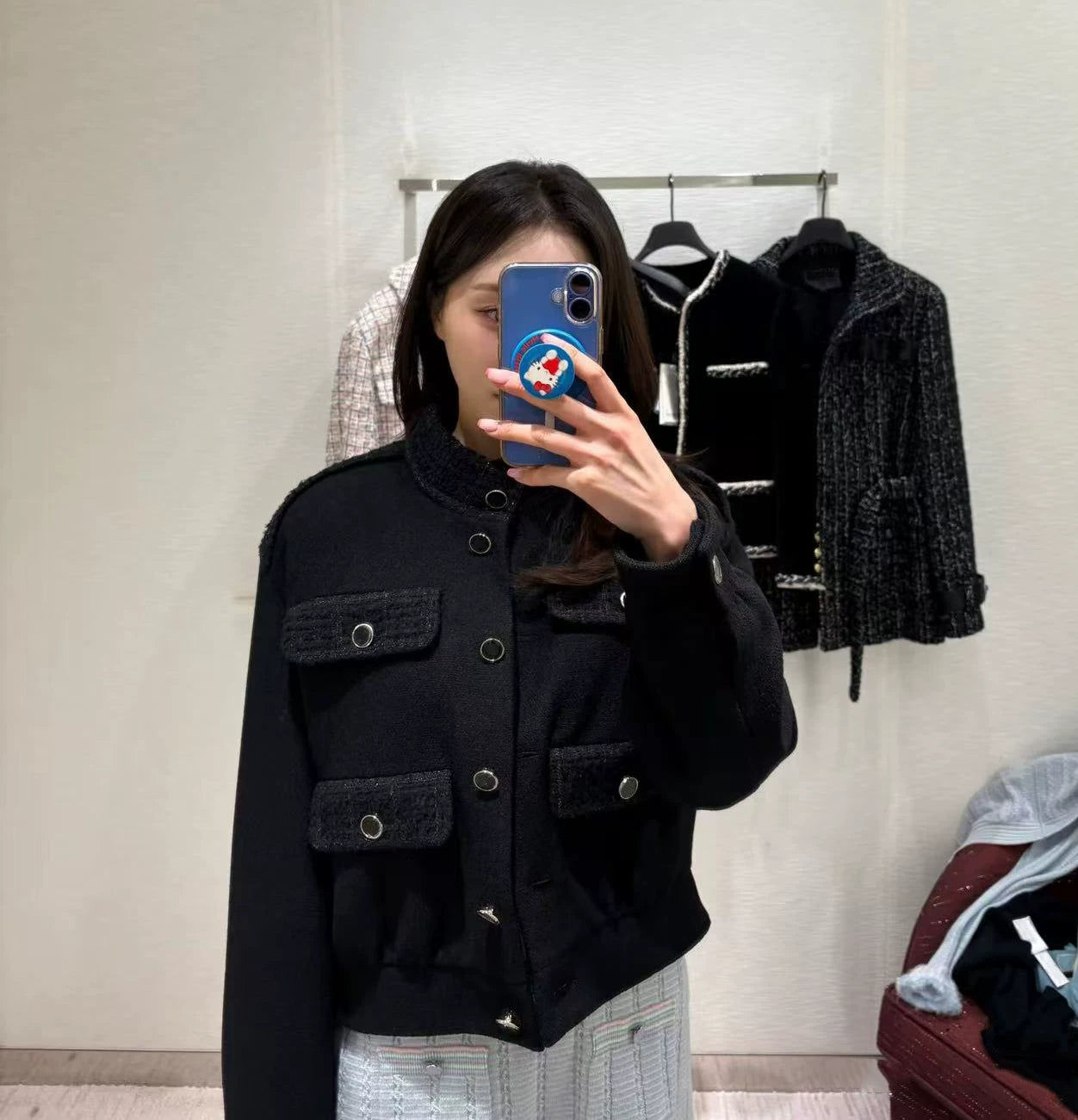 2026 early spring contrasting colors heavy industry classic high-end tweed splicing stand-up collar four pockets black jacket short coat