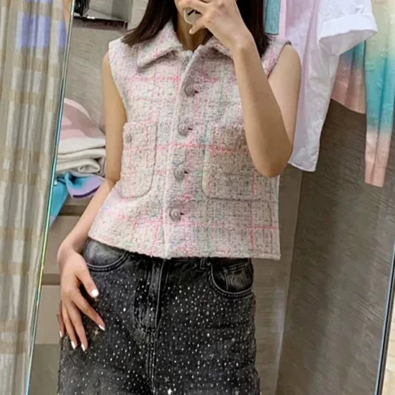 2024 early spring vest women's lapel vest colored plaid tweed celebrity temperament slim top