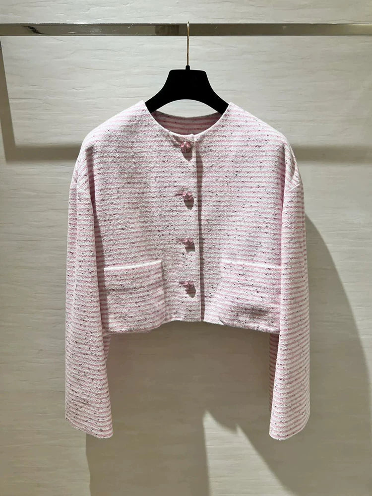 Suit: Women's fashion cropped coat, socialite, sweet light pink striped skirt, versatile thin two-piece set