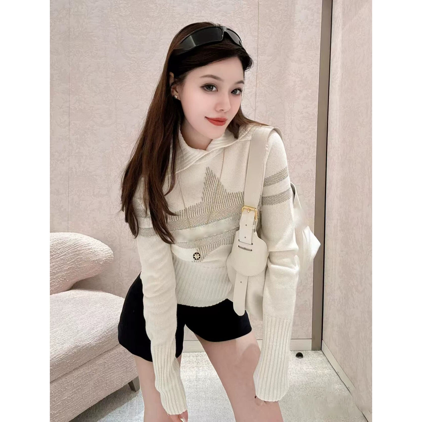 2025 autumn and winter letter five-pointed star letter jacquard half-open neck slim-fitting thin cashmere zipper knitted cardigan top